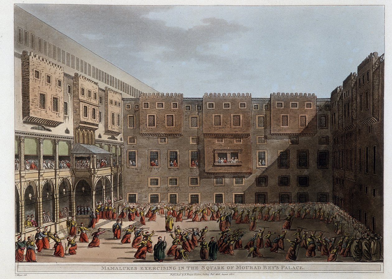 A Mourad Bey palota udvarán gyakorló mameluk - „Kilátások Egyiptomban, Palesztinában és az Oszmán Birodalom más részein” alkotó: Unknown artist