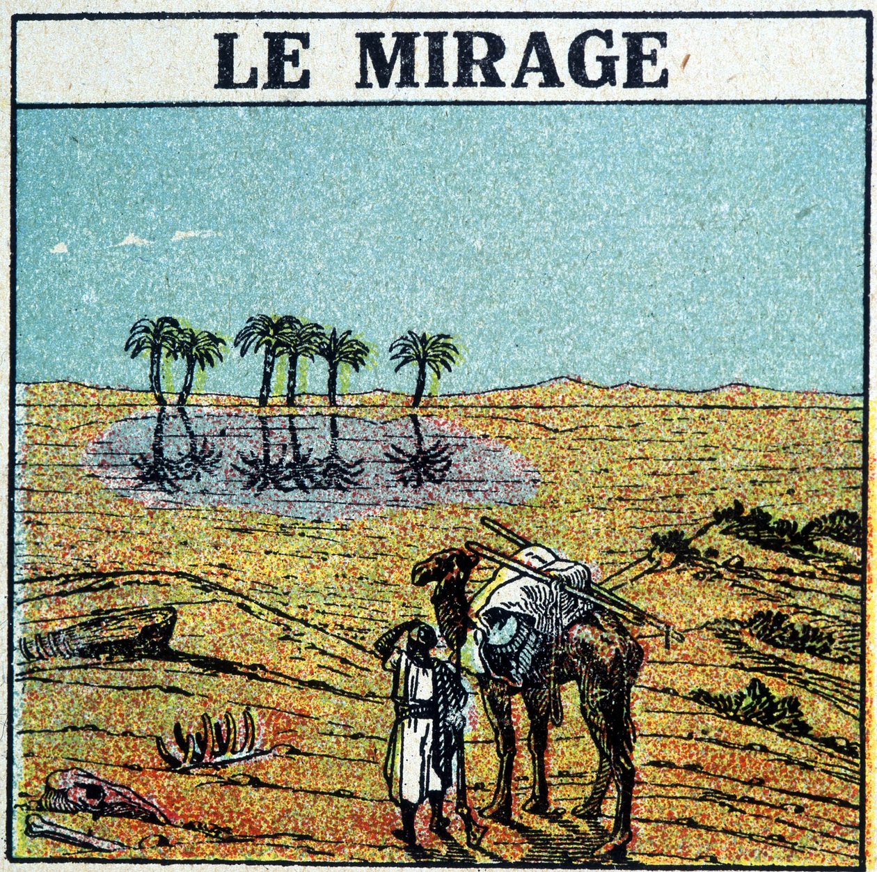 Ember a sivatagban, tevével, délibábbal néz szembe. alkotó: Unknown artist