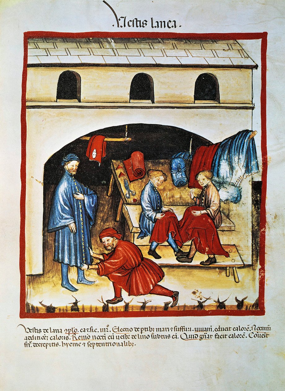 Gyapjúruházat gyártása és felhasználása: Ketten készítenek ruhát, míg egy másik hosszú kabátot próbál ki alkotó: Unknown artist