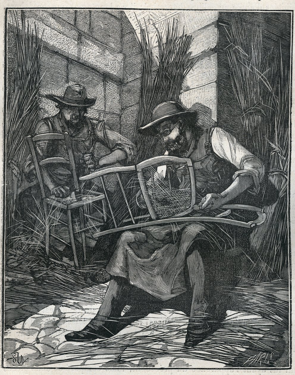 Szék gyártás: székek mulcsozása, botozása. Metszet 1885-ből Adolphe BITARD „” Les arts et metiers illustres” című könyvébe. alkotó: Unknown artist