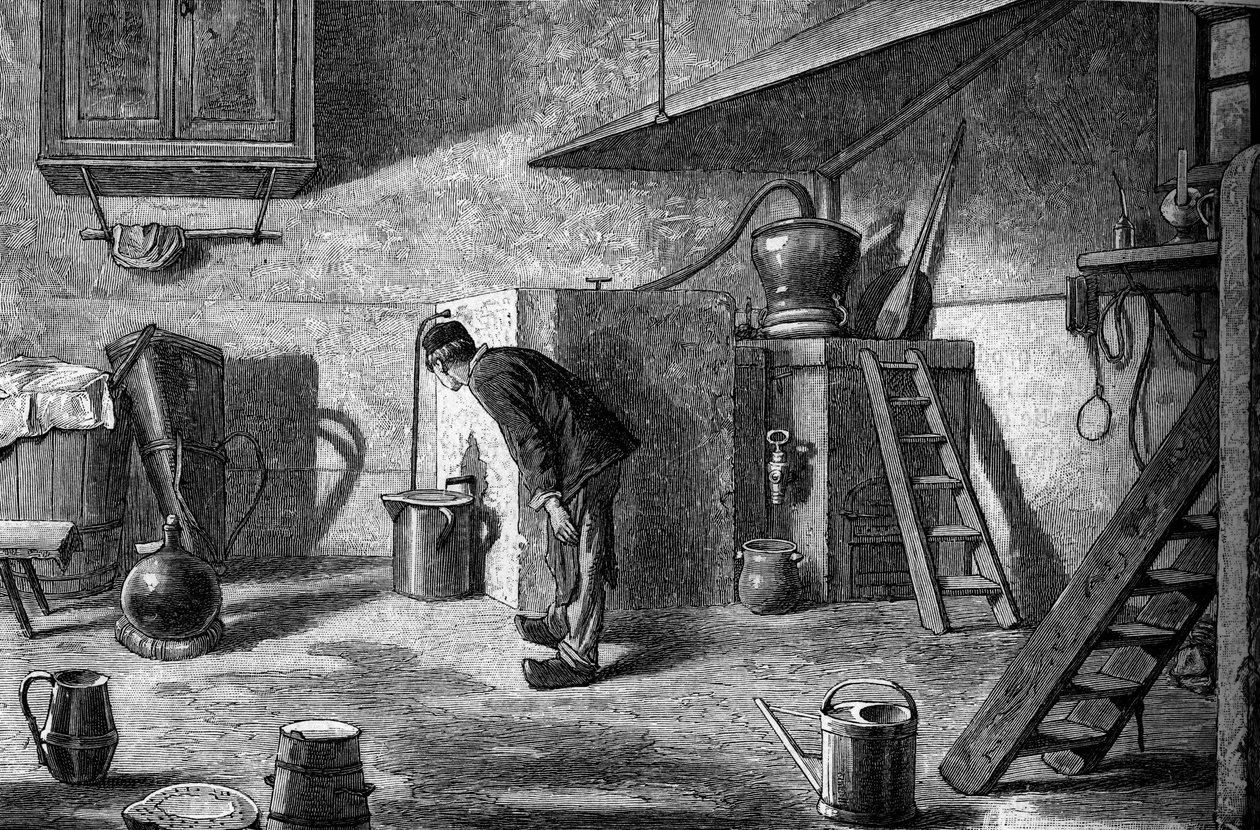 Kirsch gyártása: lepárlás, Isenberg kastélya Elzászban. Metszet a „” Le Journal de la jeunesse”-be alkotó: Unknown artist