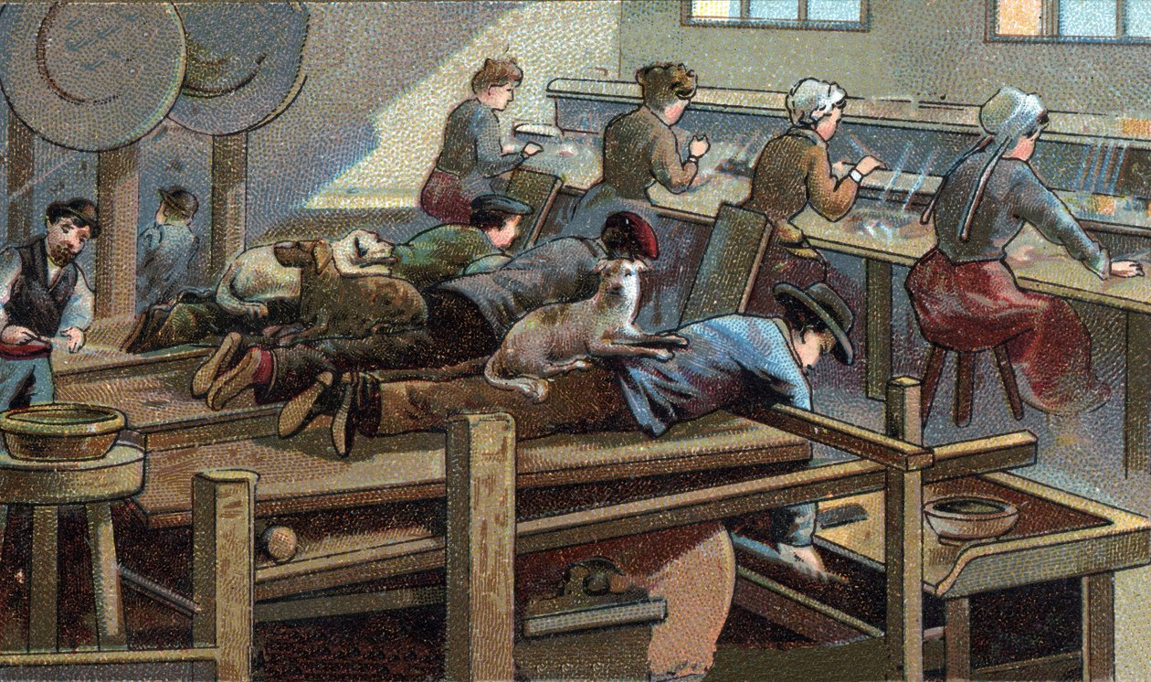 Kések gyártása, öntőműhely. század végi kromolitográfiája alkotó: Unknown artist