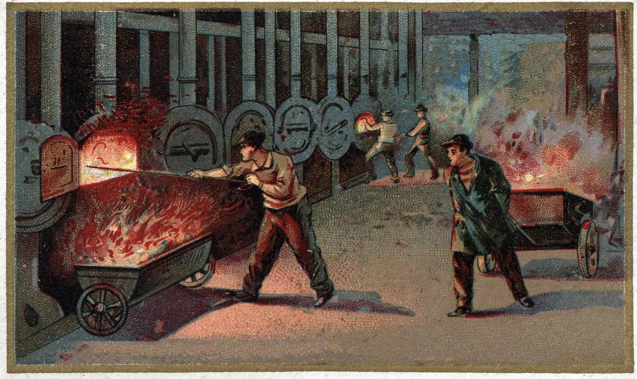 Világítógáz gyártása: cornu rakodása. A 19. század végének kromolitográfiája alkotó: Unknown artist