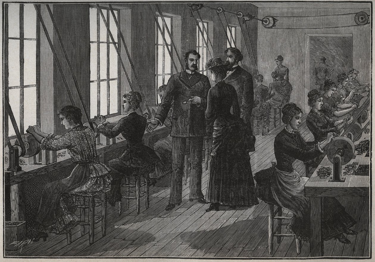 Fémtollak gyártása: élezőműhely Franciaországban a 19. században. Metszet 1885-ből Adolphe BITARD „” Les arts et metiers illustres” című könyvébe. alkotó: Unknown artist