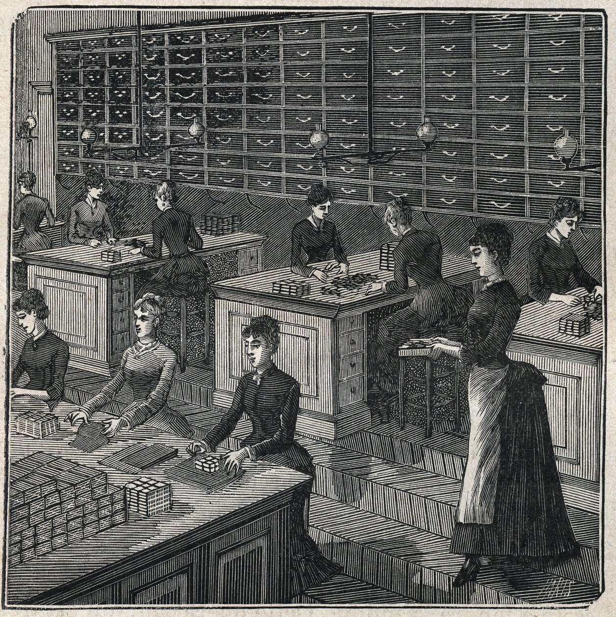 Fémtollak gyártása: tollak válogatása és csomagolása egy gyárban Franciaországban a XIX. Metszet 1885-ből Adolphe BITARD „Les arts et metiers illustres” című könyvében. alkotó: Unknown artist