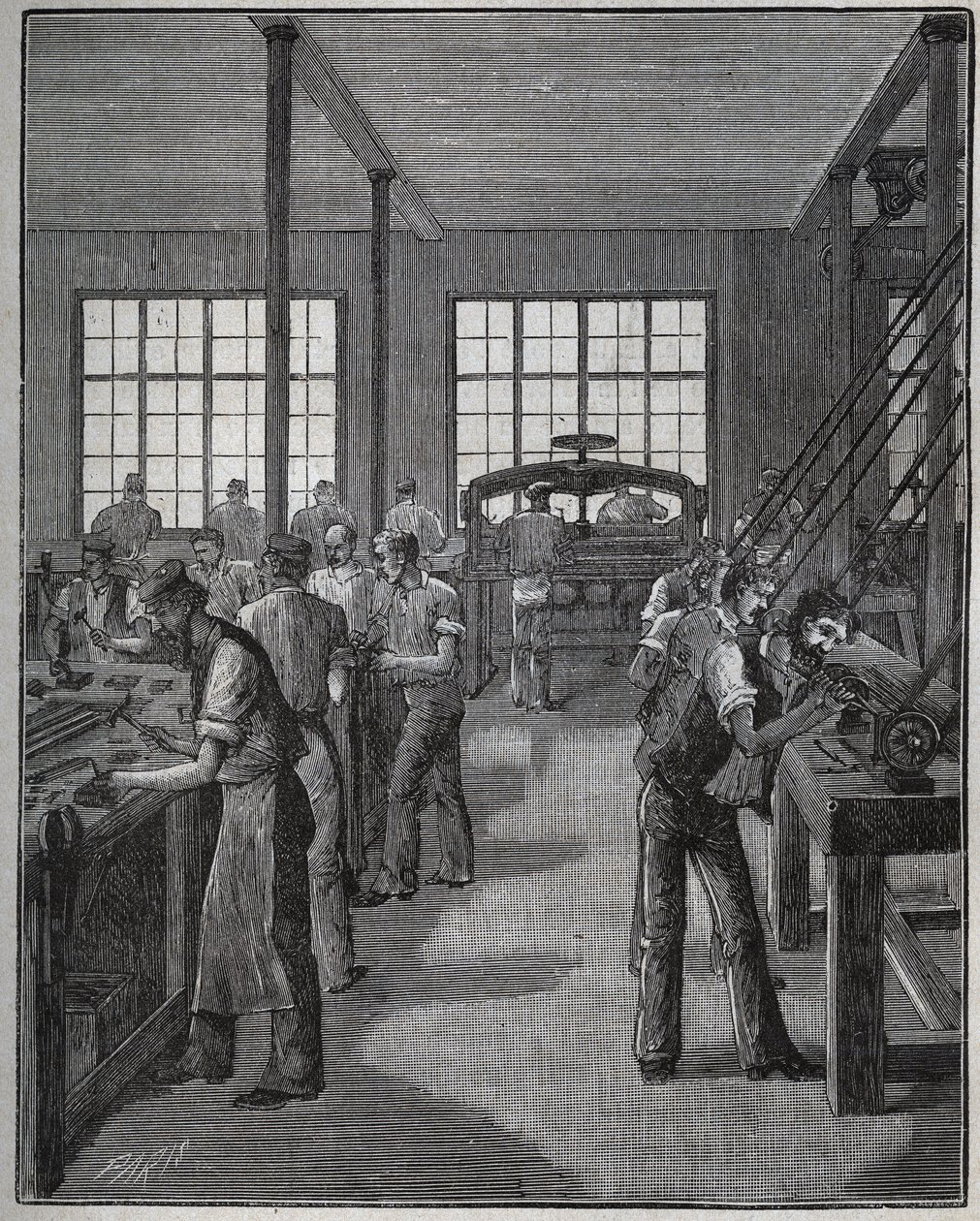 Tolltartó (tolltartó) és tolltartó (tolltartó) gyártása. Metszet 1885-ből Adolphe BITARD „Les arts et metiers illustres” című könyvében. alkotó: Unknown artist