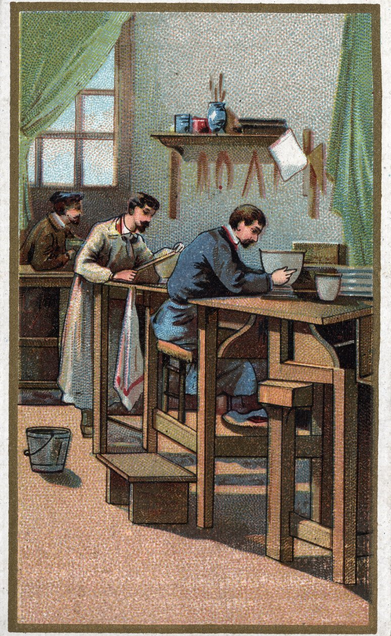 Porcelán gyártás: esztergálás. század végi kromolitográfiája alkotó: Unknown artist