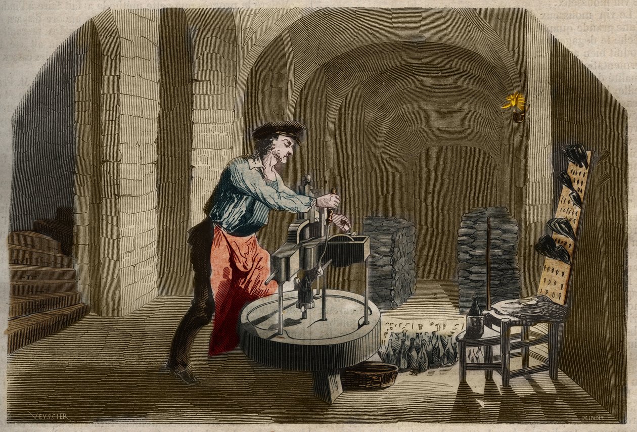 Pezsgő bor gyártása: pincében használt palackozó gép. Metszet 1858-ból a „Le Musee Des Sciences”-ben alkotó: Unknown artist