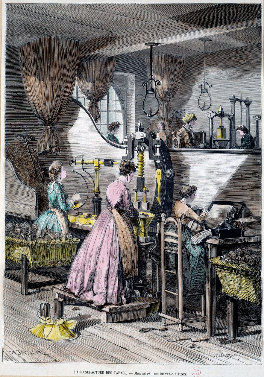 Dohány gyártása, dohányzásra szánt dohány csomagolása. 1867-es Párizs litográfiája, Musee Carnavalet alkotó: Unknown artist