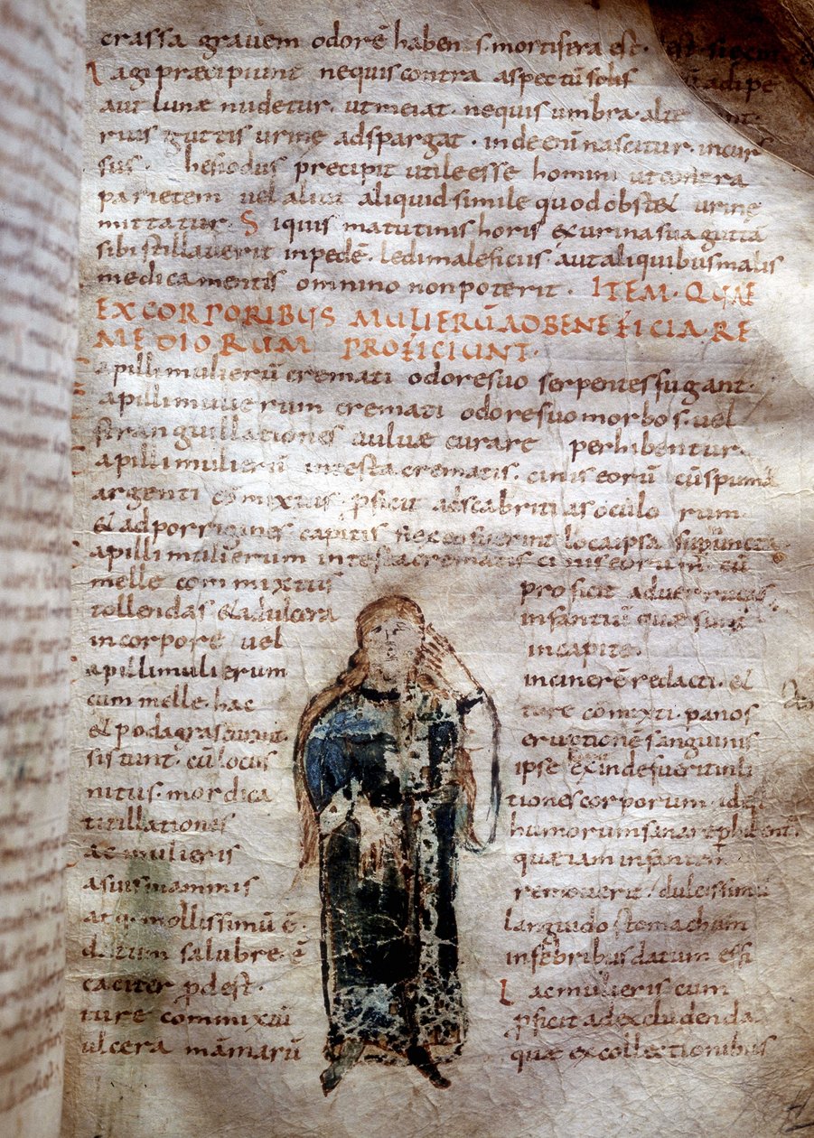 Kéziratos oldal Claude Galien "On the Simple Drugs"-ból (Klaudios Galenos vagy Claudio Galeno vagy Claudius Galenus vagy Galen, v. 131 - v. 201). 8. vagy 9. század. Lucca kormányzója. alkotó: Unknown artist