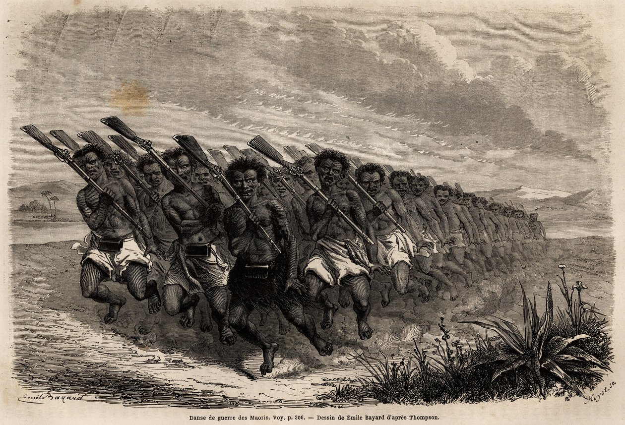Maori háborús tánc, Emile Bayard (1837-1891) rajza, Ferdinand de Hochstetter 1858-tól 1860-ig tartó új-zélandi utazásának illusztrálására. Metszet a „” Le tour du monde”-ban, szerkesztette Edouard Charton alkotó: Unknown artist