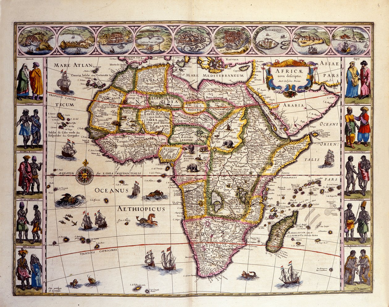Afrika térképe William Blaeu atlaszából. A tetején Tanger, Ceuta, Algír, Tunisz, Alexandria, Alcair, Mozambik, Saint Georges de la Mina, Kanári-szigetek városai találhatók. Különféle szigetek képviseltetik magukat Afrika mellett, a Mascareignes-szigetek, M alkotó: Unknown artist