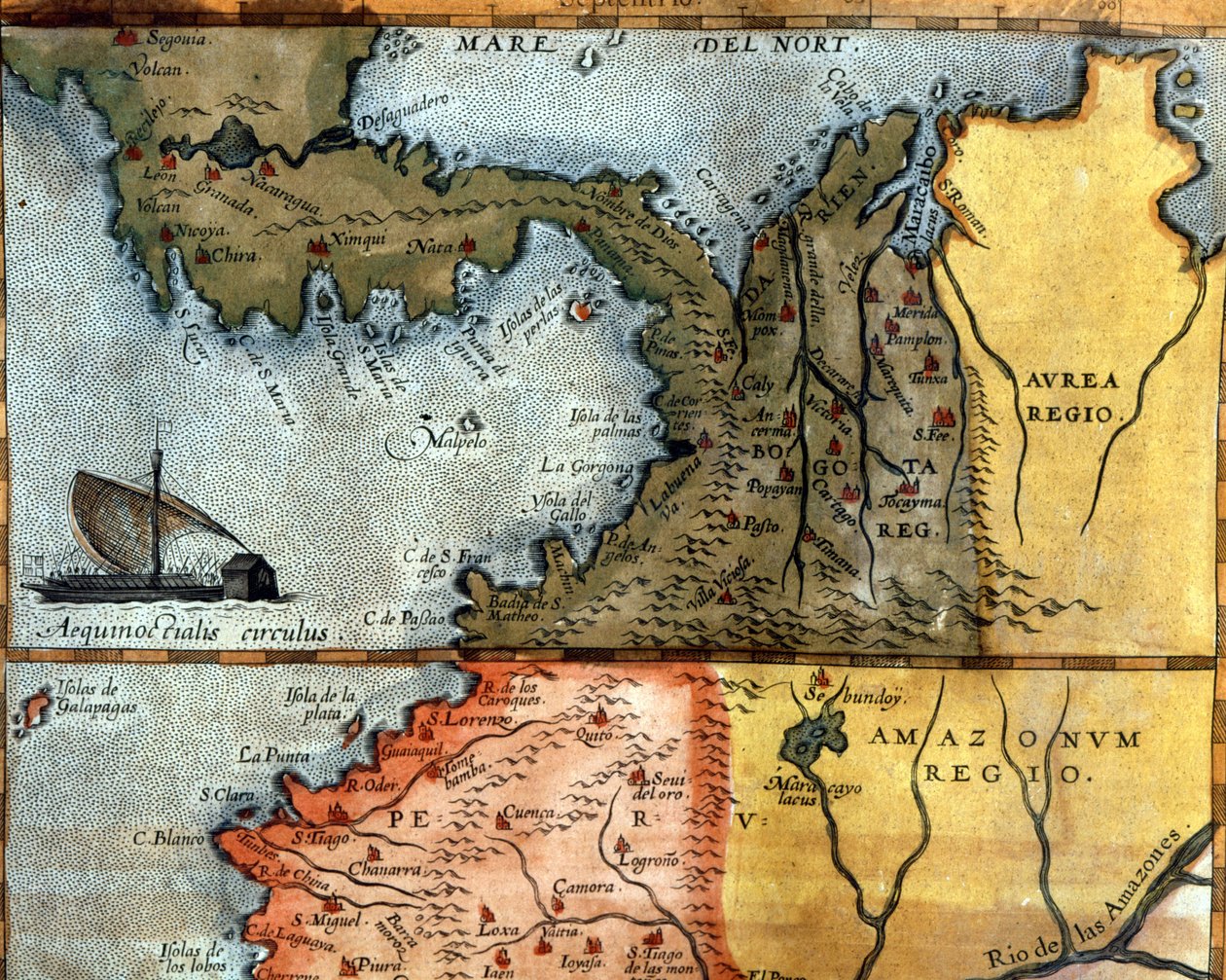 századi Közép-Amerika térképe: fölötte Peru, Amazonas és Bogota (Panama, Kolumbia és Venezuela) régiói láthatók. alkotó: Unknown artist