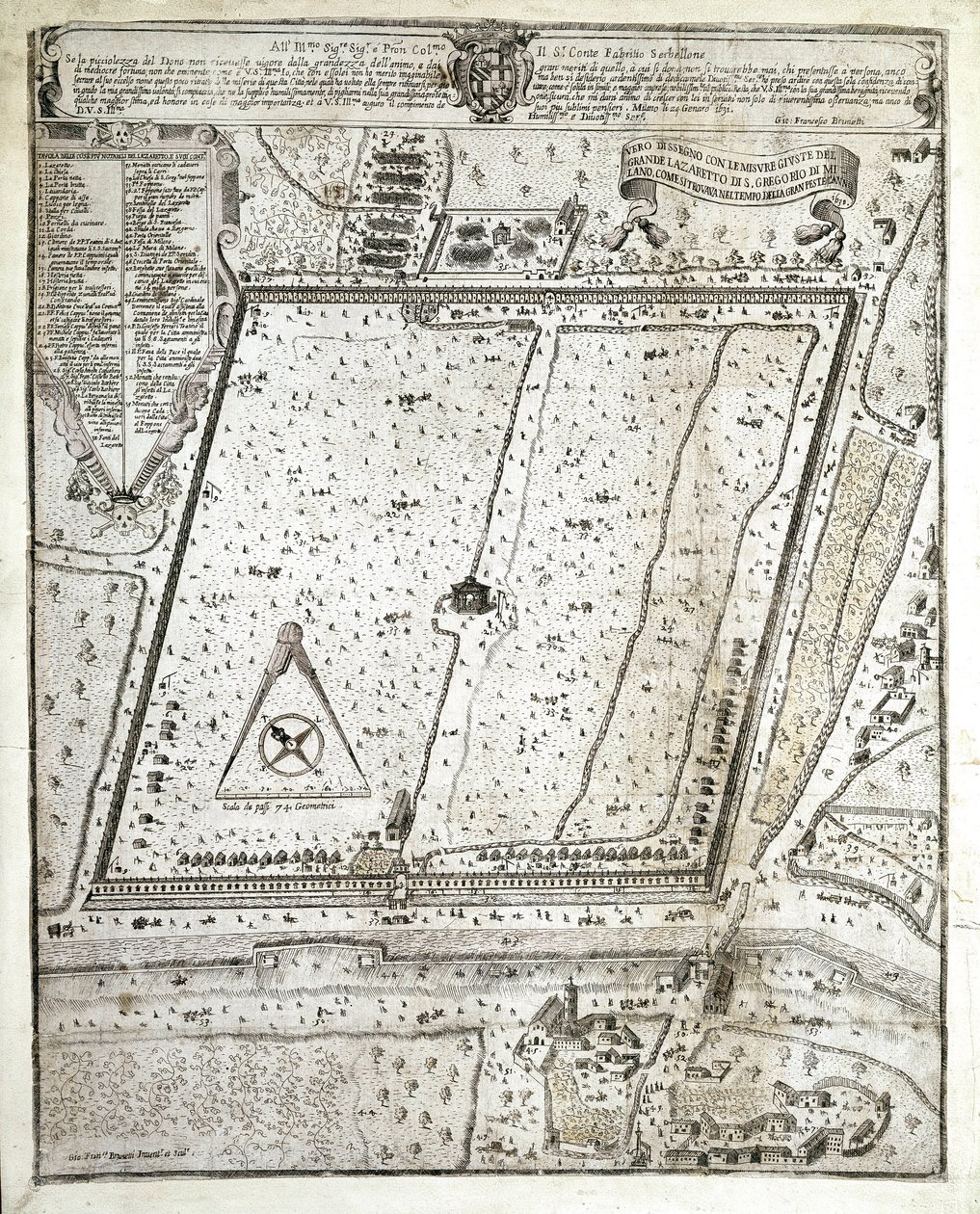 Milánó lazaret térképe az 1630-as milánói pestisjárvány idején (rajz alkotó: Unknown artist