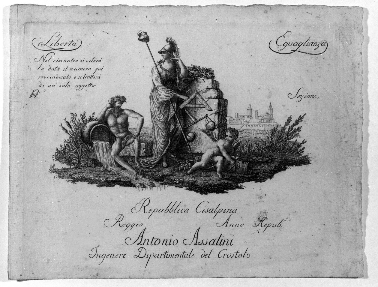 A Cisalpin Köztársaság (Cisalpina) térképe, amelyet 1797.06.27-én Bonaparte Napóleon készített francia mintára Olaszországban, amely 1802-ben lett Olasz Köztársaság. Ebben a Francia Köztársaság értékei vannak rögzítve (Liberte, Egalite). Metszet Museo del  alkotó: Unknown artist