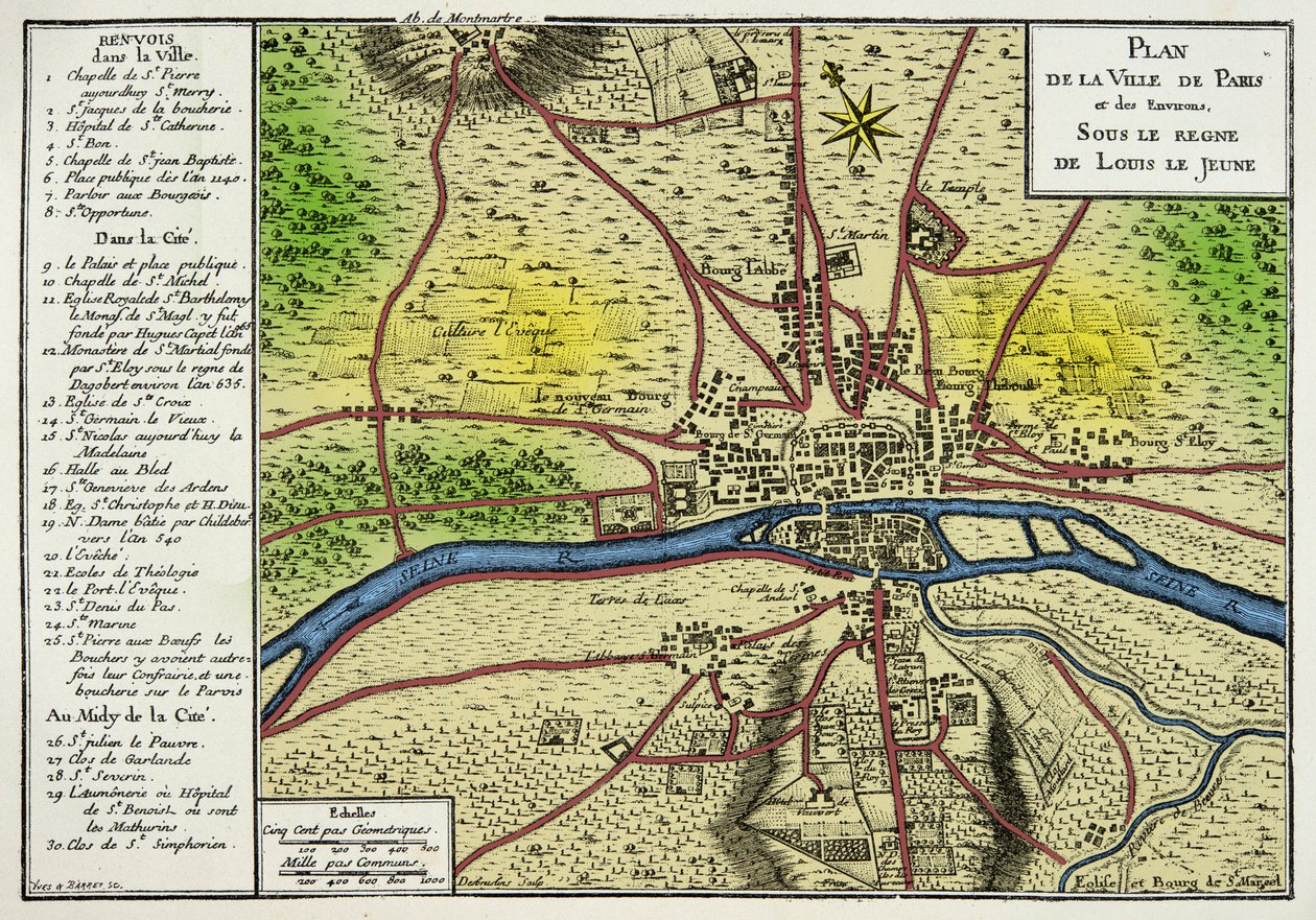 Párizs városának térképe Louis Le Jeune (VII. Lajos 1120-1180) frank király uralkodása alatt, metszet XIX. alkotó: Unknown artist