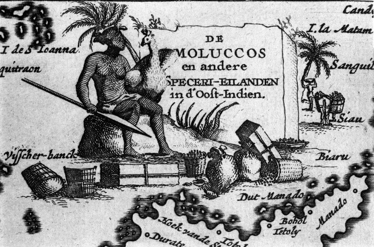 A Molucca-szigetcsoport térképe Kelet-Indonéziában. Földrajzi térkép Pierre Vandier „Maps des Itineraires et voyages modernes” című könyvéből. 17. század alkotó: Unknown artist