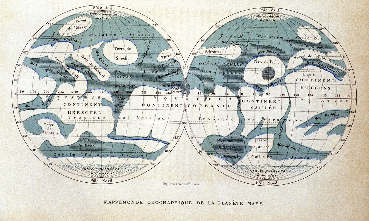 A Mars bolygó térképe – Camille Flammarion „” Népszerű csillagászat” című részében, szerk. Marpon és Flammarion alkotó: Unknown artist