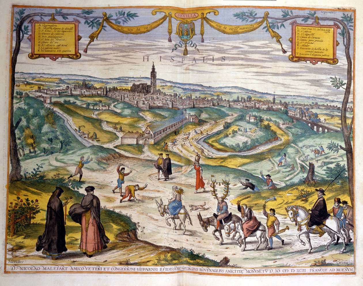 Sevilla városának térképe 1590-ben. A kép jobb alsó sarkában a falu népe egy felszarvazott szamarán gúnyolódik. alkotó: Unknown artist