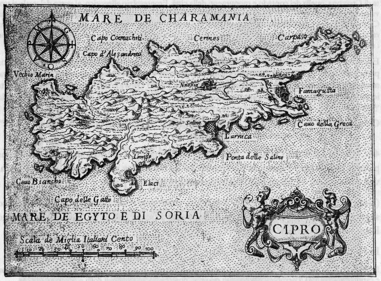 Ciprus szigetének (ciprusi) térképe 1587-ben a „Jeruzsálem legodaadóbb utazása” c. alkotó: Unknown artist