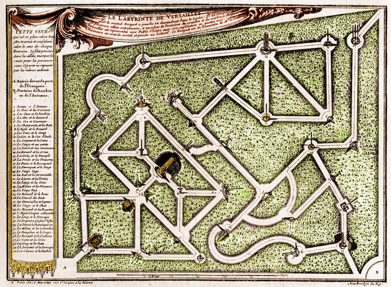 Andre Le Notre (1613-1700) által készített útvesztő térképe a versailles-i kastély parkjában. Metszet a „” La Nature-be. Revue des sciences et de ses applications aux arts et a l