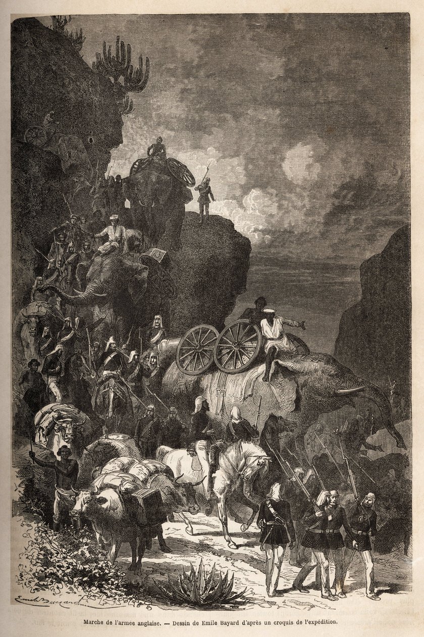 Az angol hadsereg menete a Dalanta fennsík felé, Theodoros császár (kb. 1818-1868) csapatai nyomán, elefántokkal tüzérségi darabok szállítására. Metszet a „Theodoros rabok” című történet illusztrálására, Doktor Henry Blanc alkotó: Unknown artist