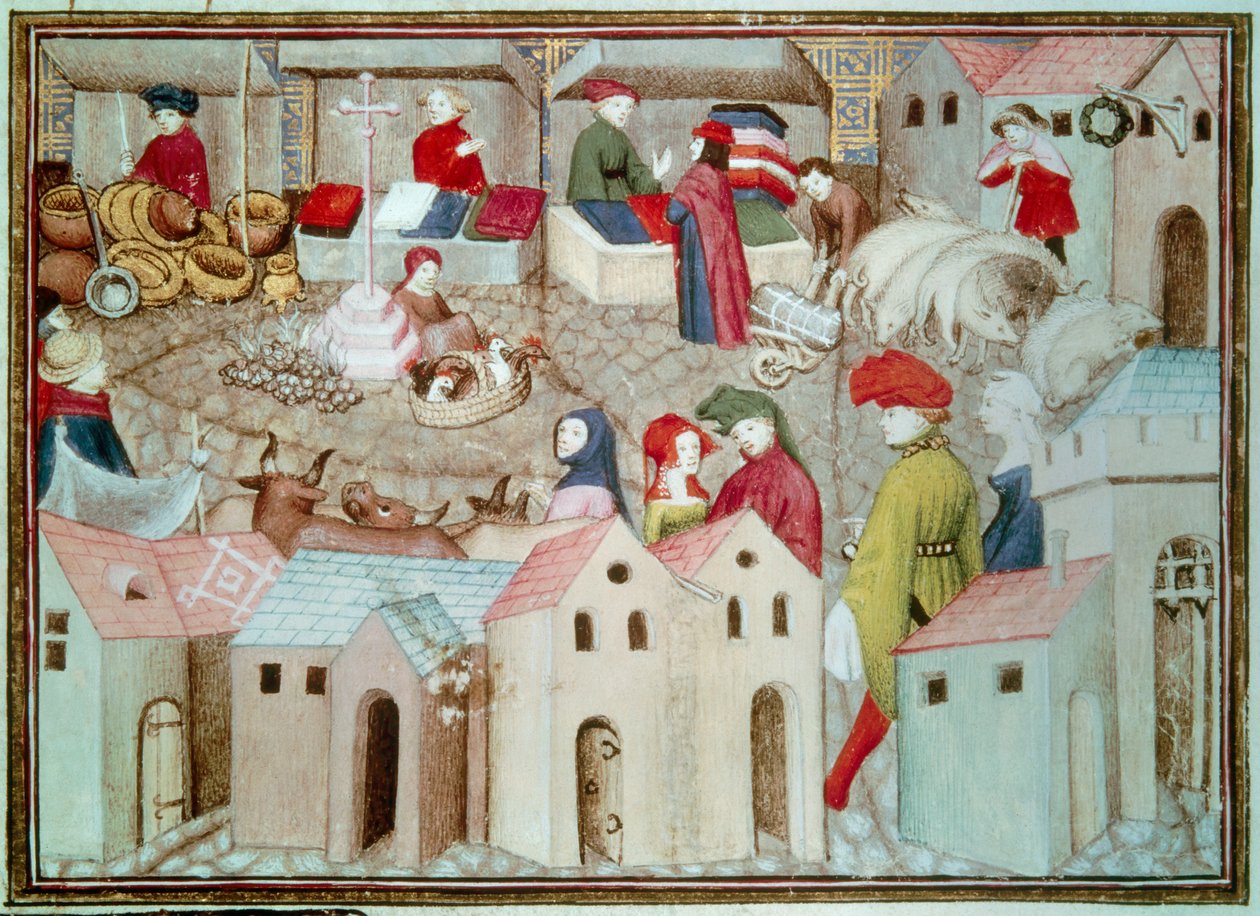 Marche de Champeaux Párizsban Betail és baromfi kereskedők, drapériák. Miniatűr Thomas de Saluces (Tommaso III di Saluzzo) „A vándorló lovag” című művéből, 1403-1404 körül. Paris, B.N. alkotó: Unknown artist