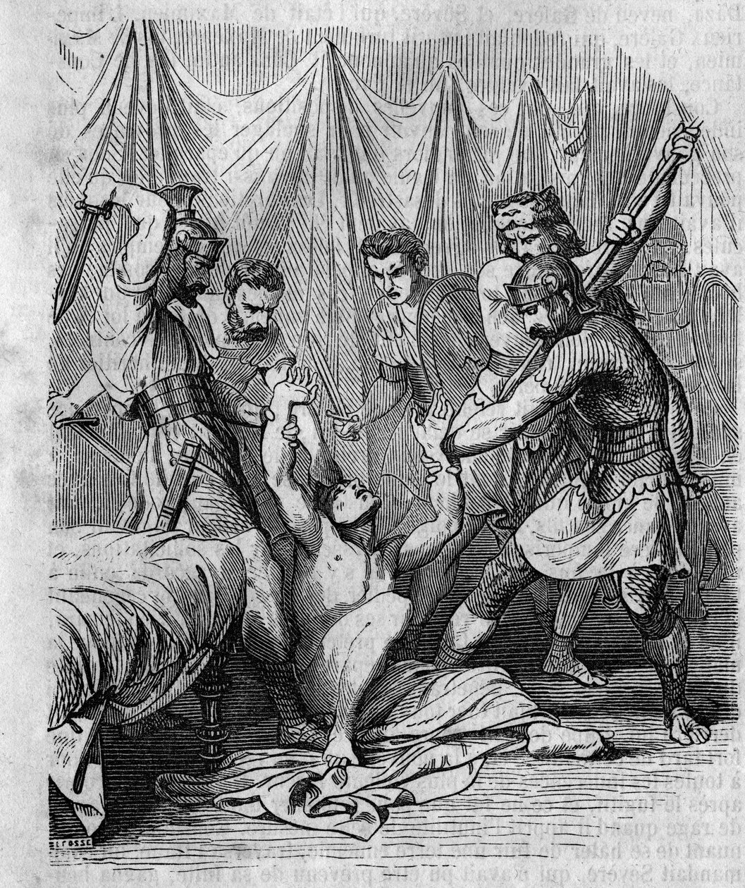 Marcus Hordeonius Flaccus római szenátort saját katonái mészároltak le az 1. században. századi metszet. alkotó: Unknown artist