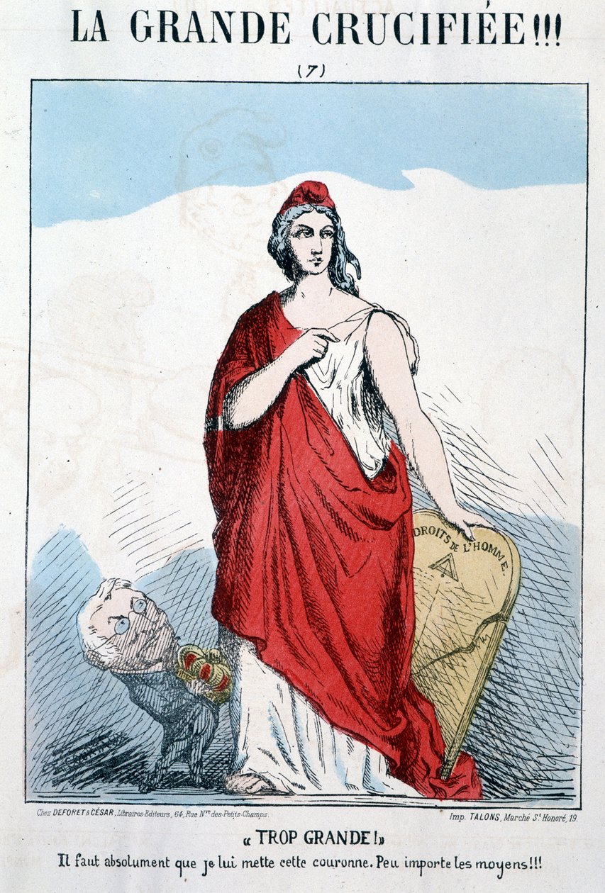 Marianne Emberi Jogokat tart a kezében, akire Thiers koronát akar tenni - Karikatúra alkotó: Unknown artist