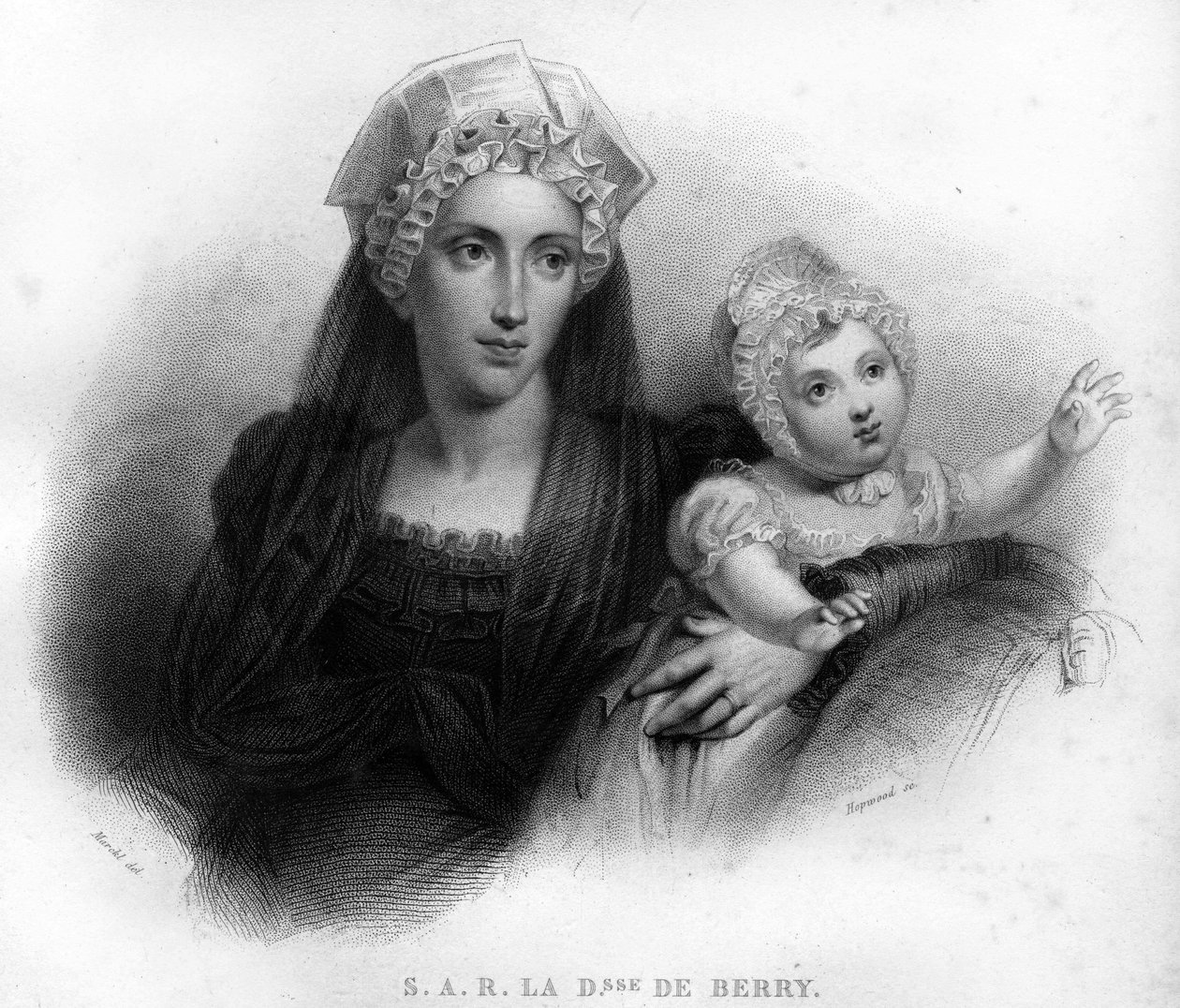 Marie – Bourbon Szicília Caroline, Berry hercegné (1798-1870) özvegyi ruhában, lányát, Louise Marie Therese of Artois-t (1819-1864) tartja kezében. Metszet 1820-ból. alkotó: Unknown artist