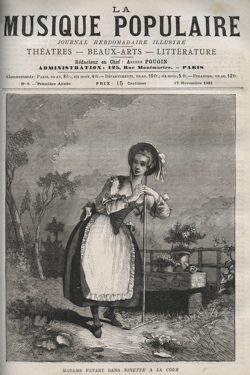 Marie Justine Benoite Duronceray (Madame Favart) a „Ninette a la cour ou le Caprice amour” című filmben – három felvonásos vígjáték és vers, közelharci, Charles Simon (Charles-Simon) Favart – metszet a „La musique populaire”-ben ””” - illusztrált hetilap alkotó: Unknown artist