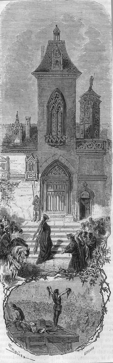 Marie de Burgundy miniszterei kegyelmét kéri. Hugonat és Humbercourt apja halála 1477. április 3-án. 19. századi metszet. alkotó: Unknown artist