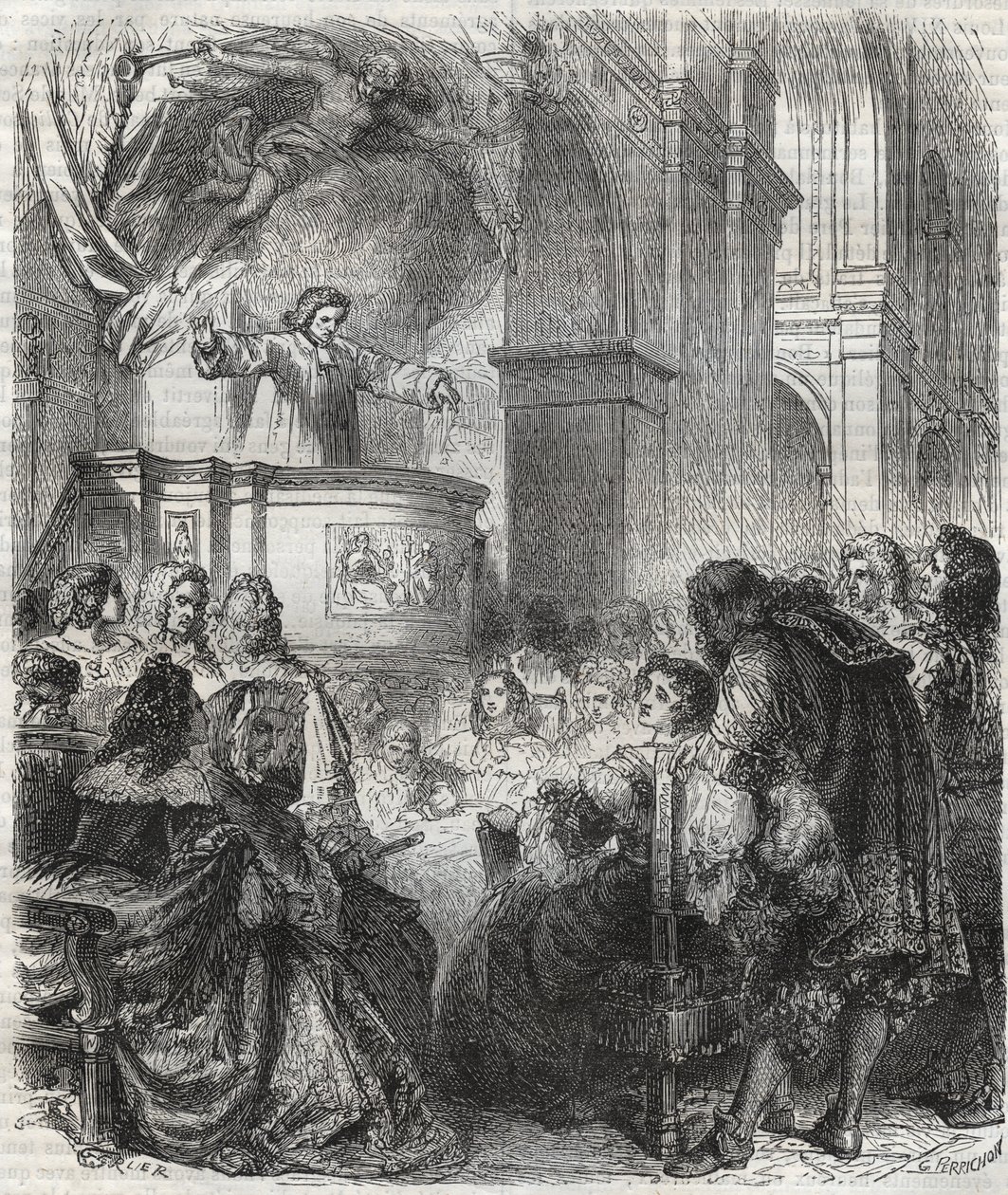 Marie de Rabutin-Chantal (Rabutin Chantal), Sevigne márkinéja, Madame de Sevigne (1626-1696), hallgassa Louis Bourdaloue (1632-1704) francia nyelvét a jezsuiták templomában, a párizsi Saint-Louis-ban - 1866-os metszet alkotó: Unknown artist