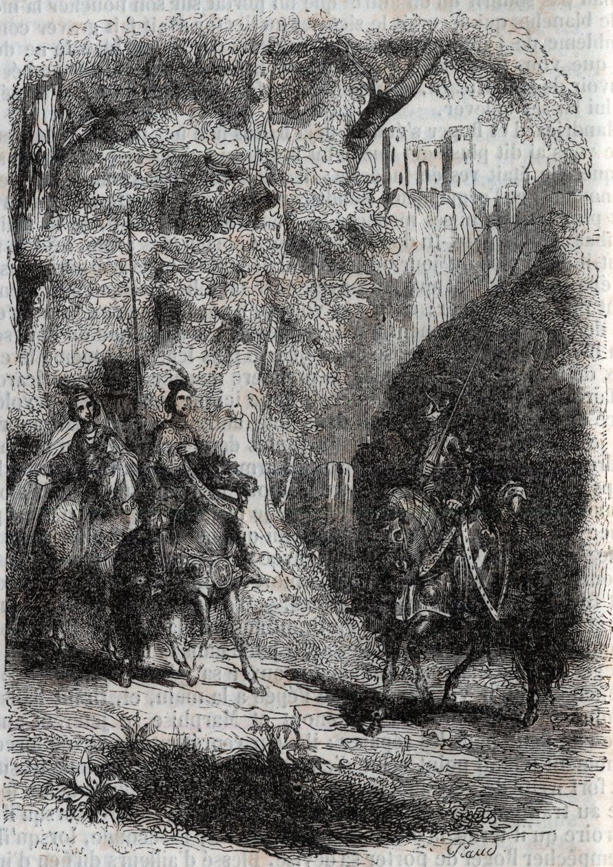 Marphise (Marfisa) és az öregasszony találkozik Pinabellel (Pinabello) - Ludovico Ariosto (16. századi) „" Furious Roland" (Orlando furioso) 1851-es metszete, Ariosta néven ismert - Tressan grófja olasz nyelvről fordította. és kiadta alkotó: Unknown artist