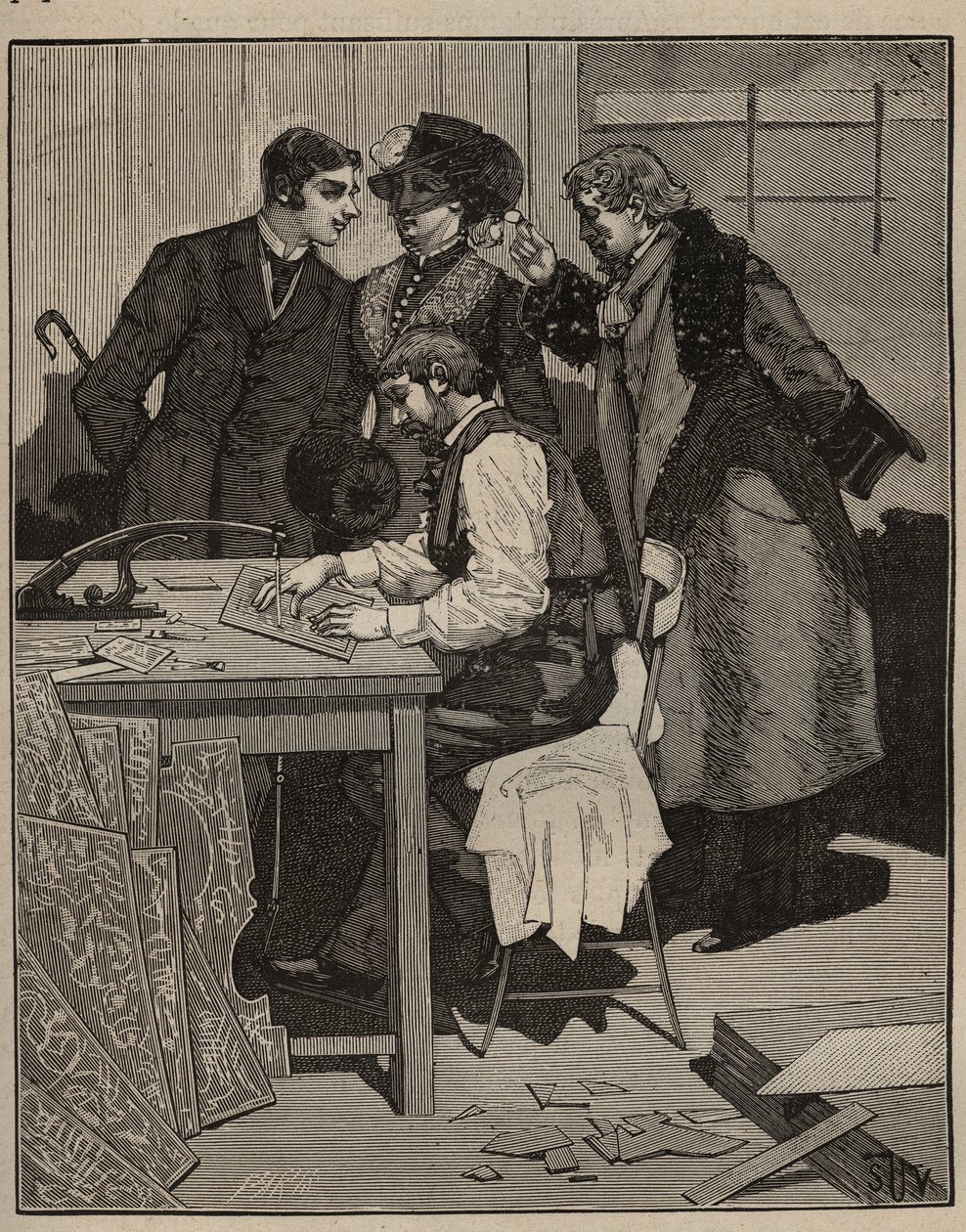 Intarzia: az intarziának megvan a munkája. Metszet 1885-ből Adolphe BITARD „Les arts et metiers illustres” című könyvében. alkotó: Unknown artist
