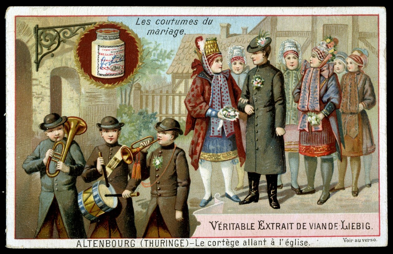 Házassági szokások: az altenburgi (Türingia) templomba tartó körmenet - chromo. Liebig, 1895. v alkotó: Unknown artist