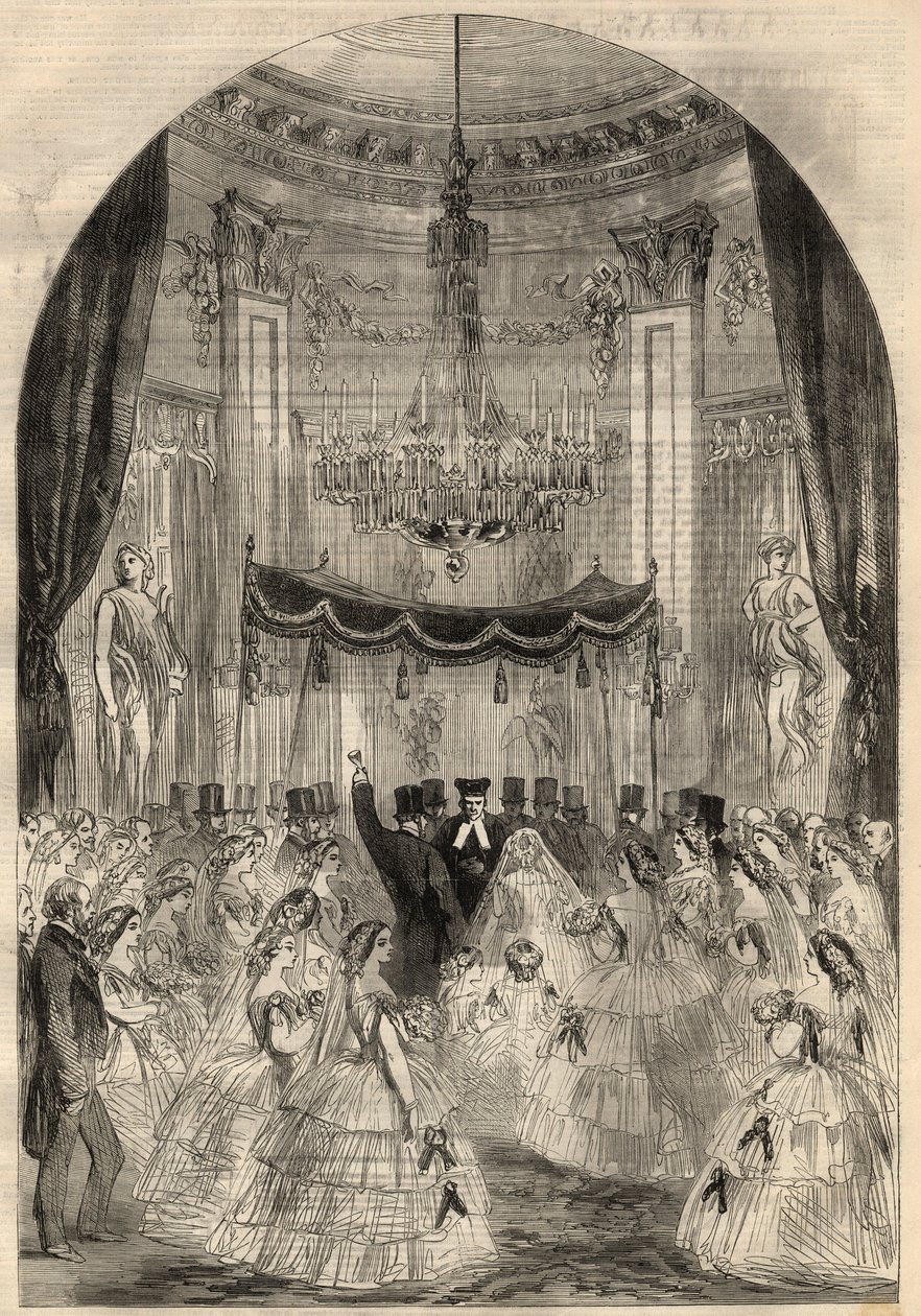 Alphonse de Rothschild báró (1827-1905) és Leonora de Rotschild (1837-1911) házassága. Mária megtanult egy italt a padlóra dobni, ez a zsidó házasság utolsó szakasza, az úgynevezett törött pohár. Gravírozás a márciusi „” The Illustrated London News”-ban alkotó: Unknown artist