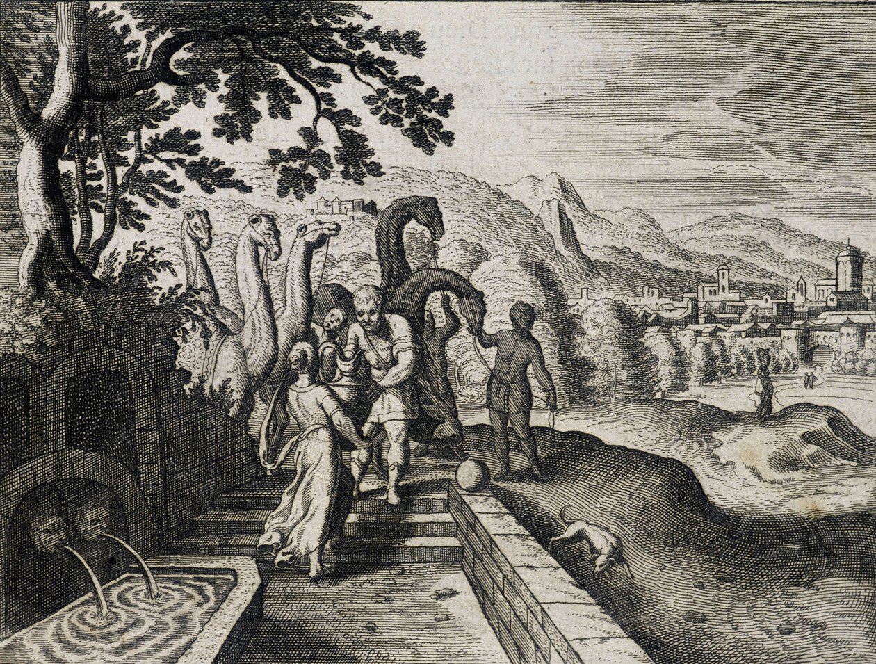 Izsák és Rebeka házassága. Metszet egy 17. századi Bibliából. alkotó: Unknown artist