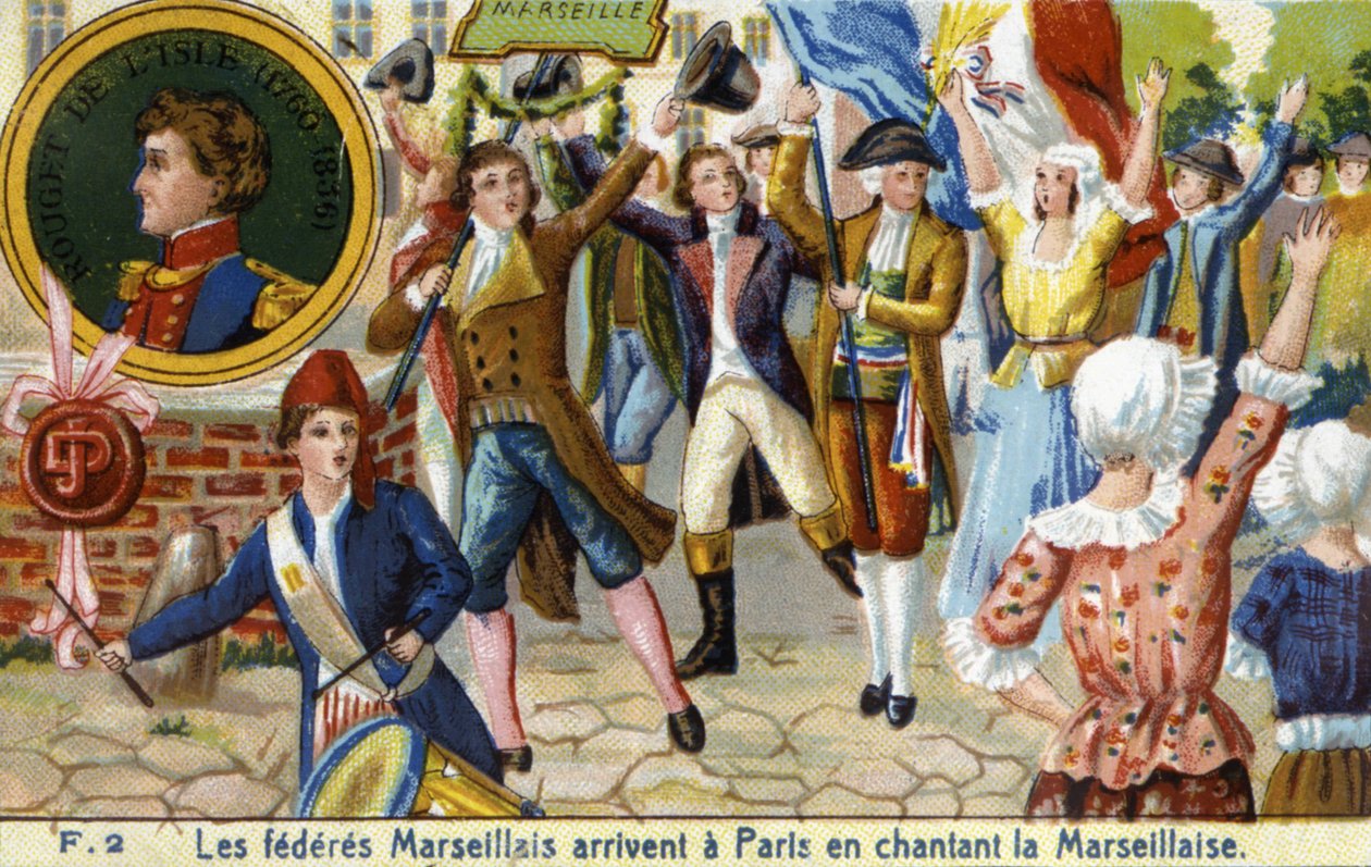 A marseille-i szövetségek a Marseillaise-t énekelve érkeznek Párizsba – chromo., 19. század vége alkotó: Unknown artist