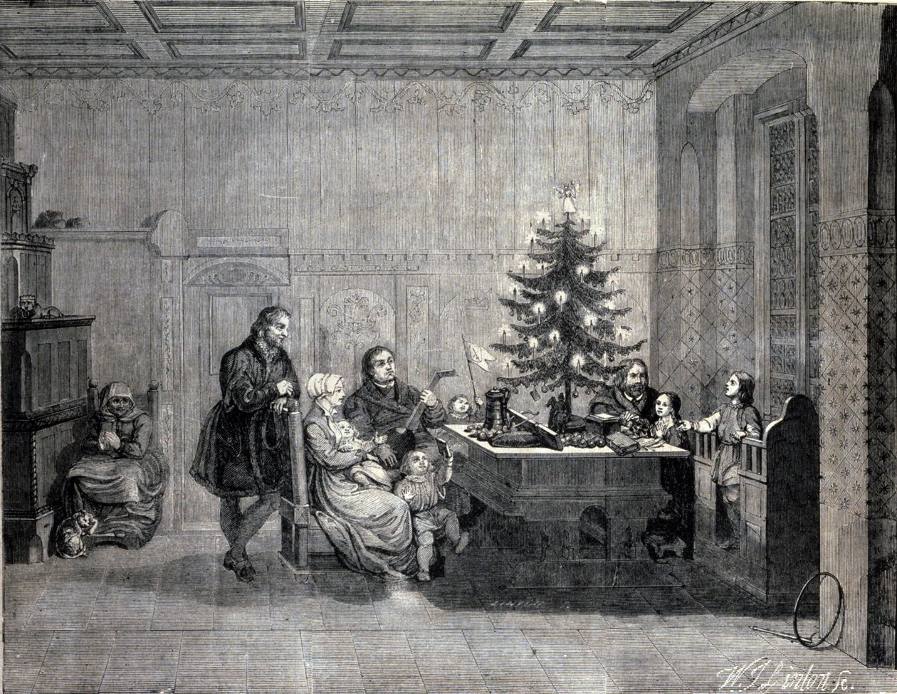 Luther Márton (1483-1546) német reformer, aki a családdal ünnepli a karácsonyt. századi metszet alkotó: Unknown artist