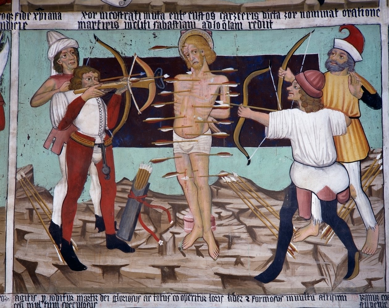Szent Sebestyén mártíromsága, Szent Sebestyén élete (15. század), freskók, Szent Sebestyén-kápolna, Villard-de-Lans, Rhône-Alpes, Franciaország. alkotó: Unknown artist