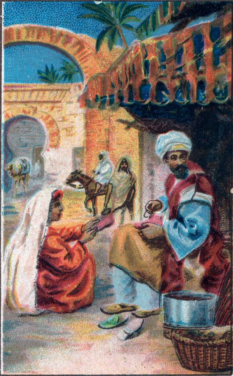 Maruf munkában: Mese Marufról (Maruf), a megmentő „” Az ezeregy éjszaka” (1001 éjszaka vagy Le mille e una notte, Arabiai éjszakák), Kromolitográfia a 19. század végén. alkotó: Unknown artist