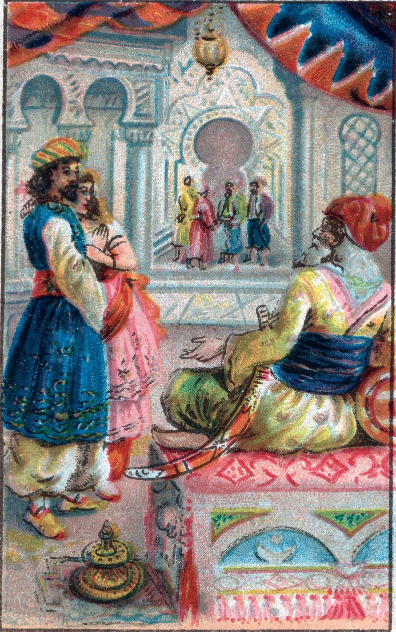 Maruf a király előtt: Tale of Maruf (Maruf) a megmentő „” Az ezeregy éjszaka” (1001 éjszaka vagy Le mille e una notte, Arabiai éjszakák), A 19. század végének kromolitográfiája. alkotó: Unknown artist