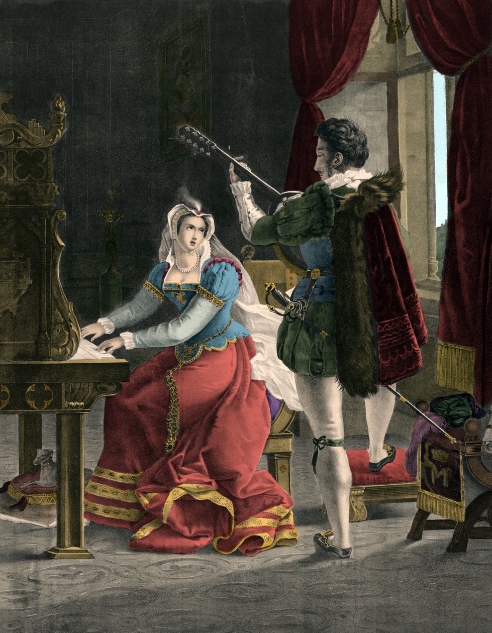 Mary Stuart és David Rizzio – Marie (Mary) Iere Stuart (1542-1587) David (Davide) Rizzióval – 19. századi metszet alkotó: Unknown artist