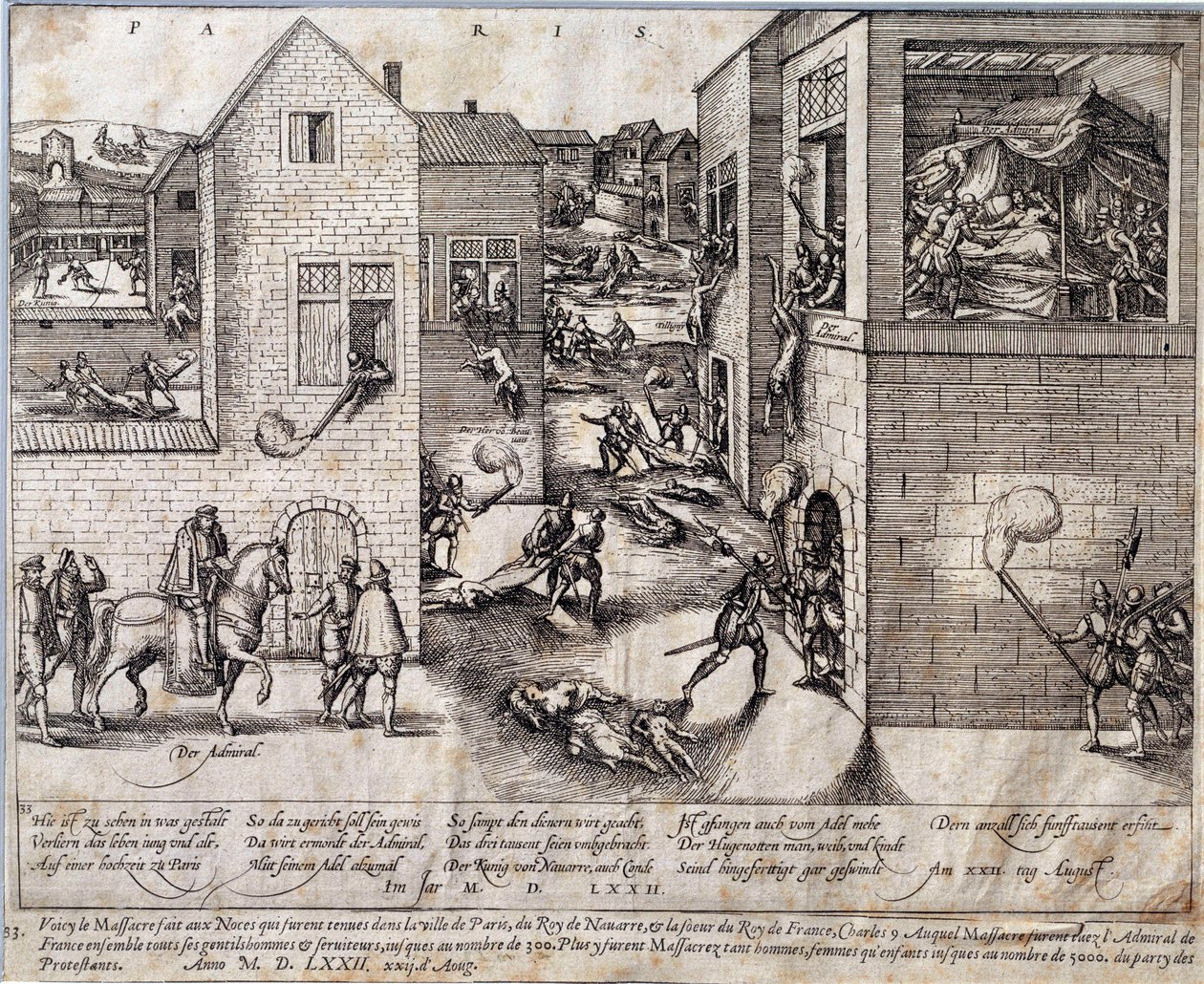 Saint Barthelemy (Saint Barthelemy) mészárlása Párizsban 1572. augusztus 24-én éjjel. 16. századi metszet. Pau, Musee Du Chateau alkotó: Unknown artist