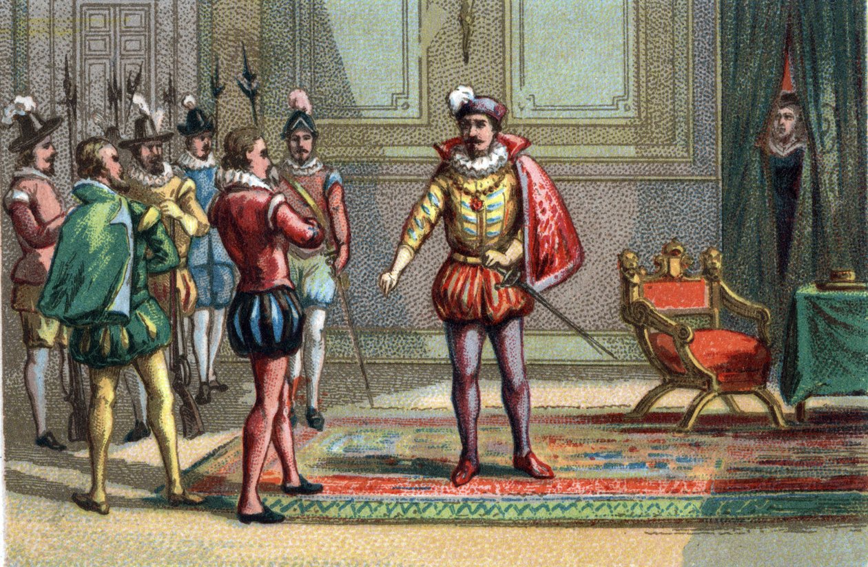 Szent Barthelemy, Conde hercege és Navarrai Henrik lemészárlását IX. Károly francia király (1550-1574) elé vitték, aki felajánlotta nekik a választást a mise és a halál között. Catherine de Medicis (Caterina de Medici) (1519-1589) figyeli a jelenetet. Chro alkotó: Unknown artist