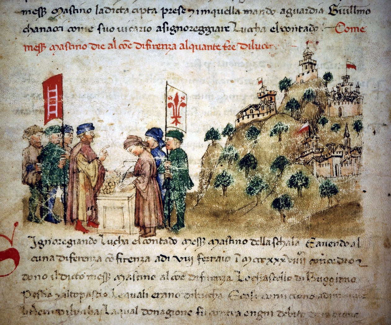 Mastino II de la Scala (1308 - 1351) sok földet ad Firenze városának Luccából, 1300 körül - a „Croniche del Sercambi”-ban, 1400 körül. Nemzeti Levéltár, Lucca. alkotó: Unknown artist