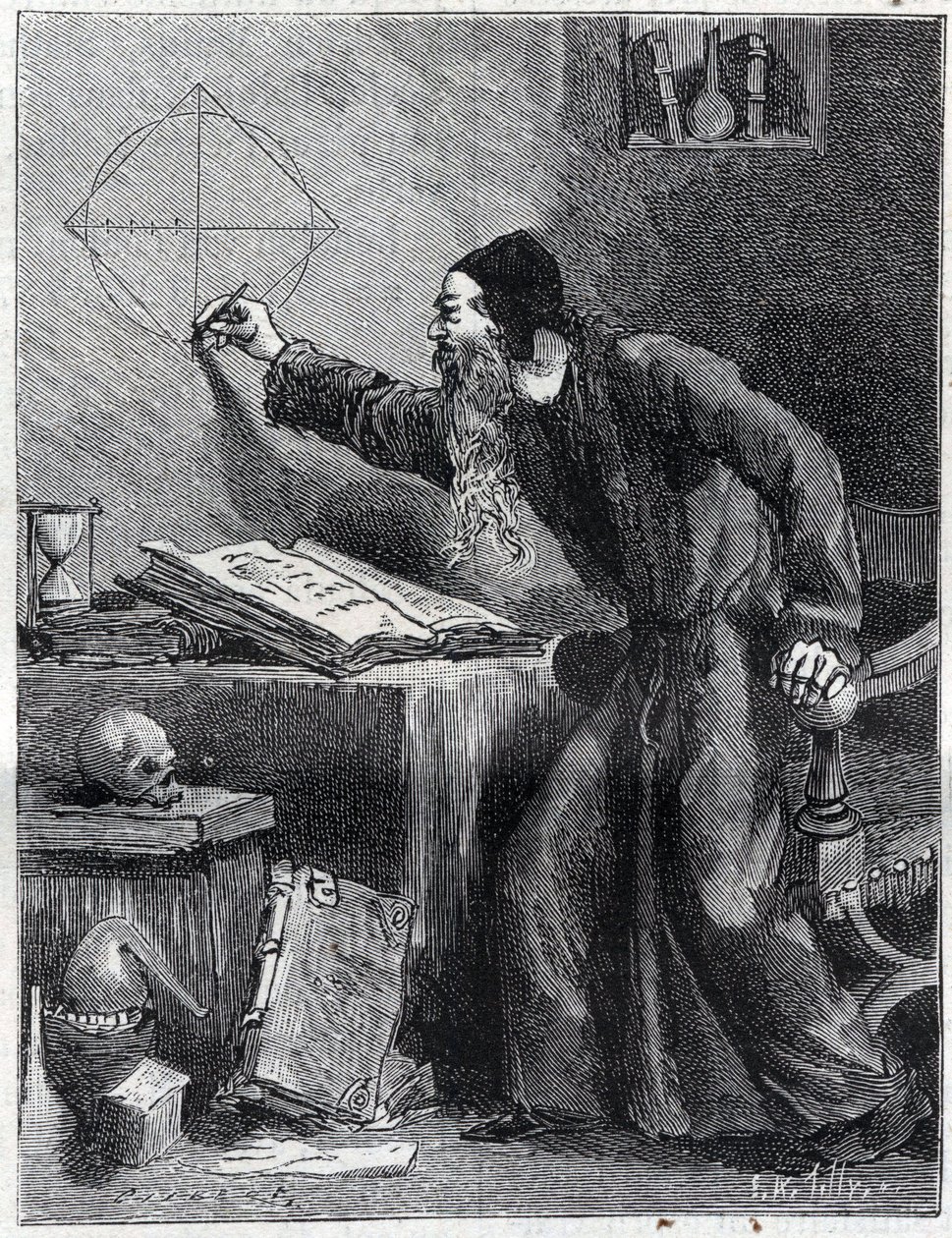 Matematika és geometria: A kör kvadratúrájának tudományos kutatója a XVI. Metszet a „” La Nature”-ben 1890. Magángyűjtemény. alkotó: Unknown artist