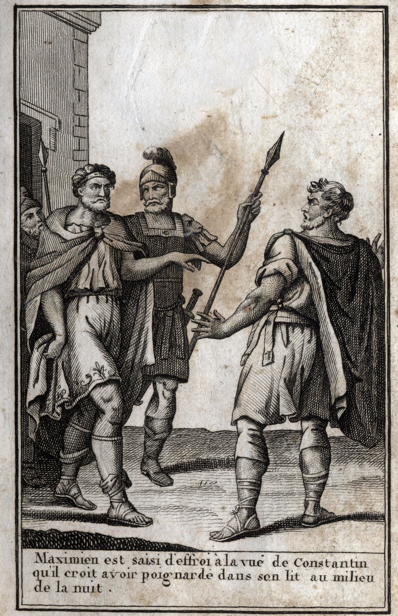 Maximianus Hercules (Marcus Aurelius Valerius Maximianus) (kb. 250-310), római császár, félelem fog el Konstantin (I. Konstantin, Flauius Valerius Aurelius Constantinus, 272-306), veje, akit ő látta el. azt hiszi, hogy beleszúrt az ágyába i alkotó: Unknown artist