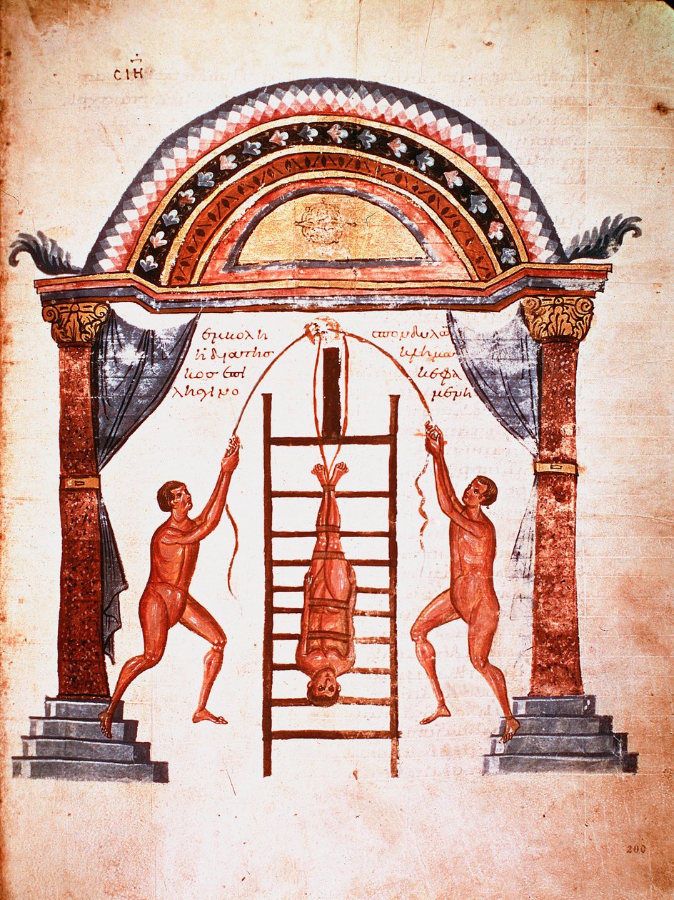 Gyógyászat: a gerinc elmozdulásának csökkentése, a beteget hevederekkel a létrára akasztják (kézirat alkotó: Unknown artist